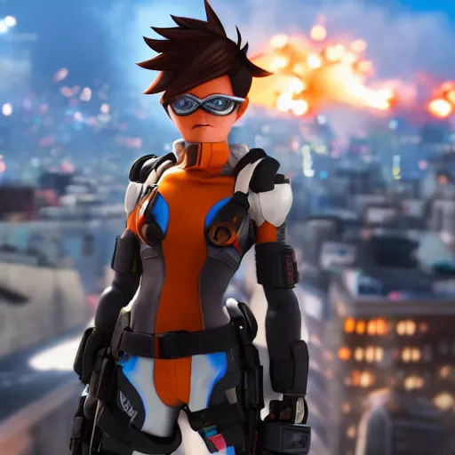 Prompt: tracer, standing on rooftop, 4 k, detailed, smiling at camera, detailed eyes, confident stance, burning exploding city in background