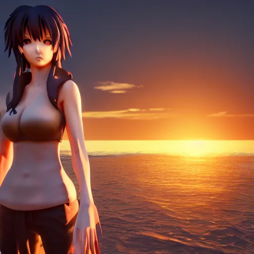 Image similar to Render of a 3d Ryougi Shiki, full round face, golden hour, serene beach setting, medium shot, mid-shot, highly detailed, trending on Artstation, Unreal Engine 4k