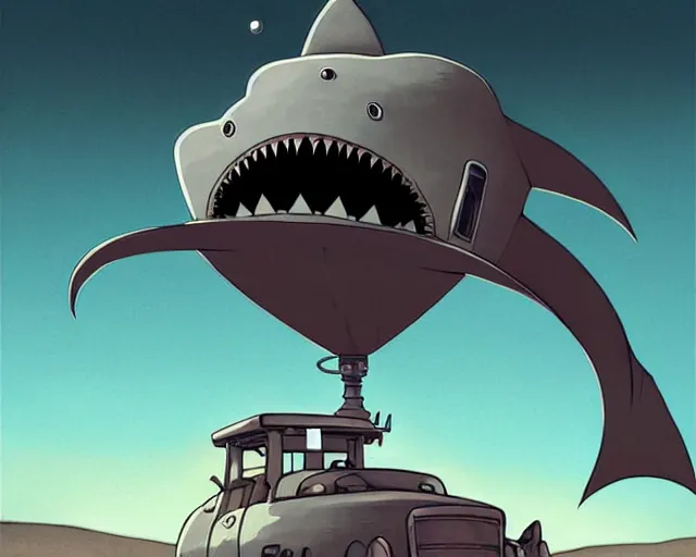 Prompt: a cell shaded cartoon grey lovecraftian mechanized shark from howl's moving castle ( 2 0 0 4 ), with a big head, on a desert road, wide shot, in front of a big moon, muted colors, post grunge, josan gonzales, wlop, by james jean, victor ngai, hq, deviantart, art by artgem