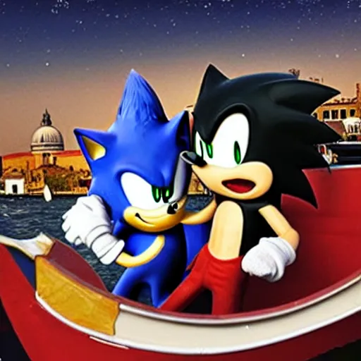 Image similar to Sonic the Hedgehog and Shadow the Hedgehog in a gondola in Venice, moonlit sky, romantic, award winning