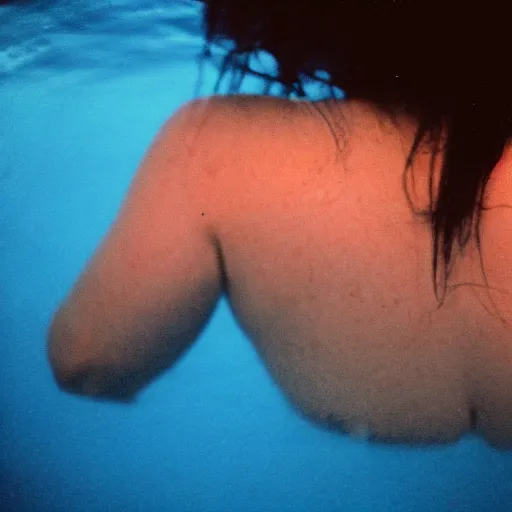 Image similar to colored photography, close-up from behind big chested woman swimming in under ocean at night, blue light, 35mm film,