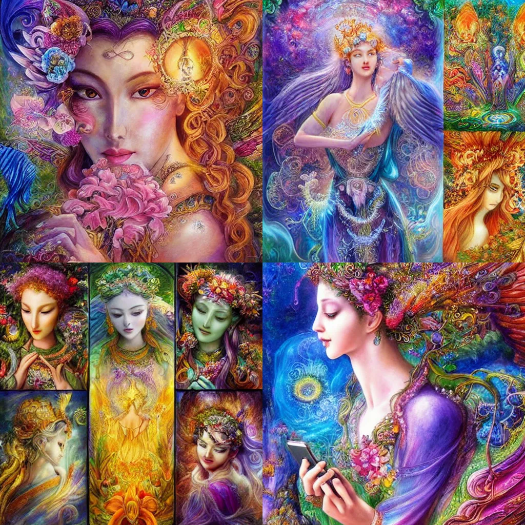 Prompt: fantasy nature goddess checking her phone, art by josephine wall, magic realism, art by huang guangjian, art by amanda sage, art by viktoria gavrilenko