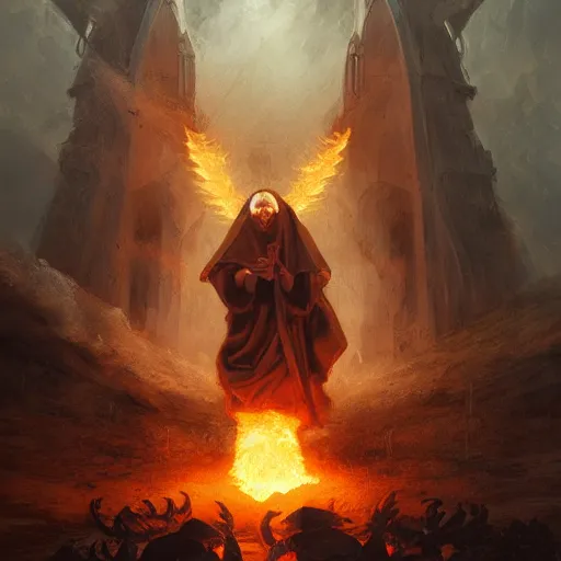 Prompt: ram horned catholic medieval monk like half-lamb brings fire down from the sky, medieval style, trending on artstation, highly detailed, digital painting, volumetric light, concept art, sharp focus, illustration, art by greg rutkowski and alphonse mucha