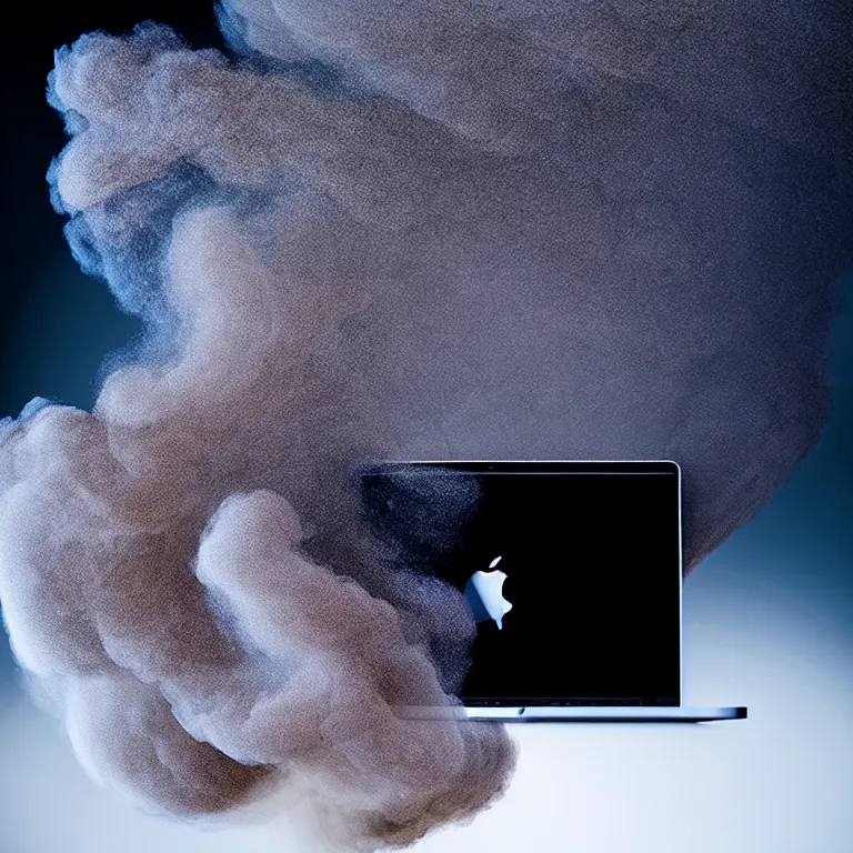 Image similar to a portrait of a macbook disintegration in dust and smoke, cinematic photography, smoke rising like clouds, beautifully symmetrical, super resolution, cgi, volumetric lighting & shadows, hyper detailed, 8 k, unreal engine,