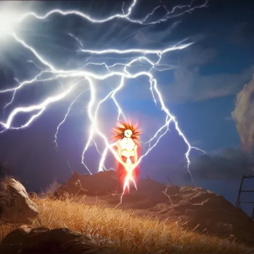 Prompt: Jesus Christ going super saiyan, muscular, lightning in the sky, glowing, highly detailed, focus, realistic vfx simulation, cryengine