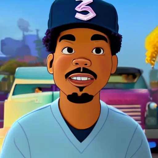 Prompt: a tv still of Chance The Rapper starring in a 2006 Pixar Animated movie