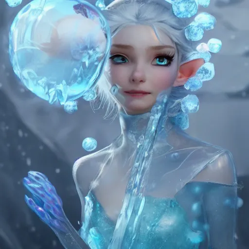 Prompt: a fantasy elf woman trapped and frozen trying to get out of a block of clear ice, with frozen flowers around her, treding artstation, greg rutkowski, cinema 4 d, cinematographic, greg rutkowski