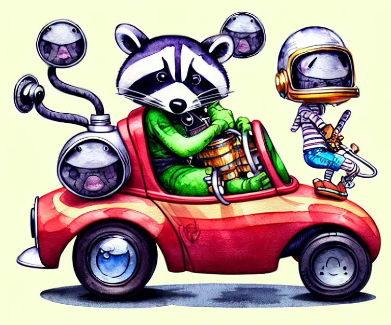 Image similar to cute and funny, racoon wearing a helmet riding in a tiny hot rod with oversized engine, ratfink style by ed roth, centered award winning watercolor pen illustration, isometric illustration by chihiro iwasaki, edited by range murata, tiny details by artgerm and watercolor girl, symmetrically isometrically centered