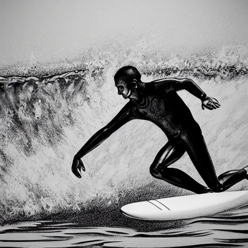 Prompt: black and white drawing, 3d, photorealistic imagery, surfer, lineart,