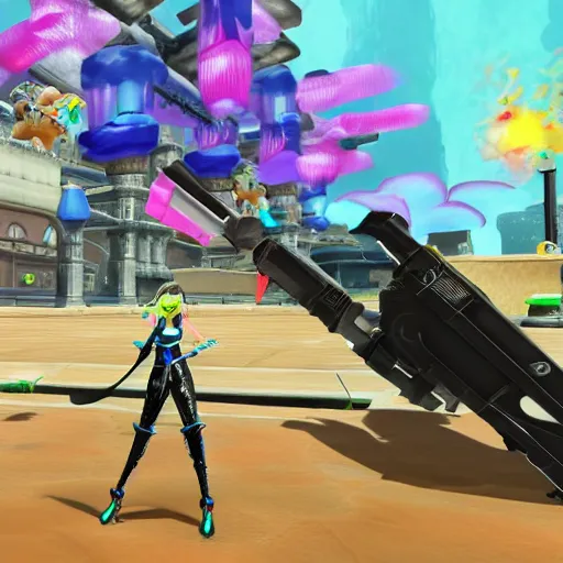 Image similar to 3 d game screenshot of bayonetta in splatoon, high detail, high resolution