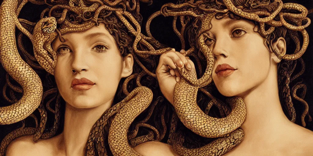 Prompt: realistic portrait of beautiful medusa with her snakes, golden, delicate, hyper realism, 1 4 5 0, ink, ultra realistic, 8 k