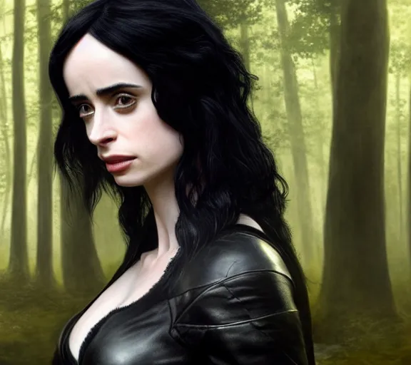 Image similar to 5 5 mm close up portrait photo of krysten ritter as yennefer of vengerberg in black leather armor and black hair, in a forest. magical atmosphere. art by greg rutkowski. lifelike. very detailed 8 k. intricate. soft light. nikon d 8 5 0.