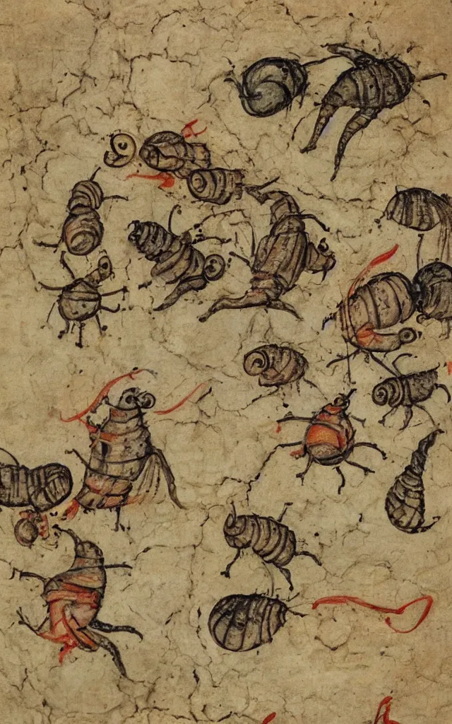 Prompt: snails biting and chasing a poor monk frail manuscript medieval marginalia, masterpiece