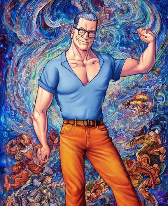 Image similar to normal hank hill wearing bluejeans and white tshirt, the god of propane, blue flames, propane tanks, magic realism, art by josephine wall, art by mike judge, art by huang guangjian, art by viktoria gavrilenko, art by amanda sage, trending on artstation