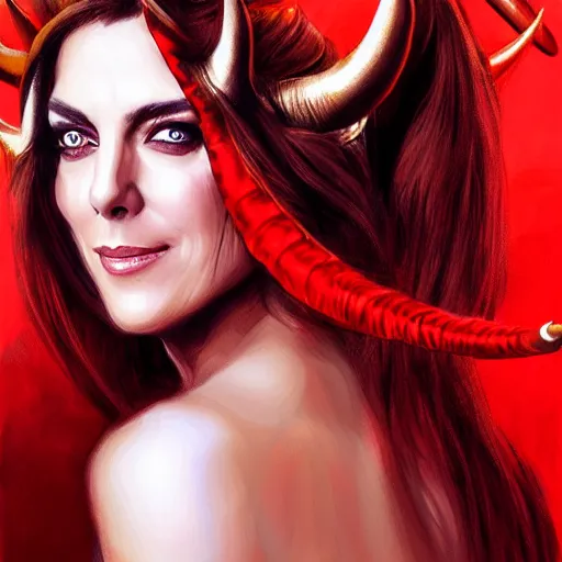 Image similar to illustrated realistic portrait of young Elizabeth Hurley as the Devil with horns wearing red flaming silk by rossdraws