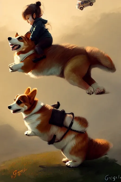 Image similar to tiny girl riding on the back of a giant corgi by greg rutkowski