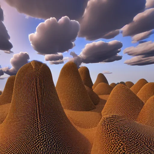 Prompt: photorealistic 3 d rendering of 3 d cellular automaton and the blue cloudy sky. highly detailed octane render and vray with natural light and organic colours, volumetric lighting, raytracing, unreal engine