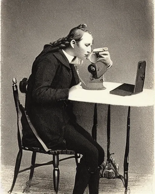 Image similar to an early 1800s photo of someone watching tiktok on their iphone wearing airpods