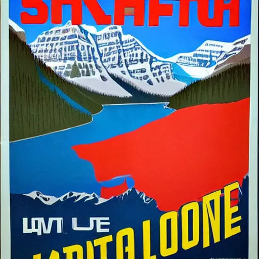 Image similar to soviet style propaganda convincing people to stay at Lake Louise in Banff National park