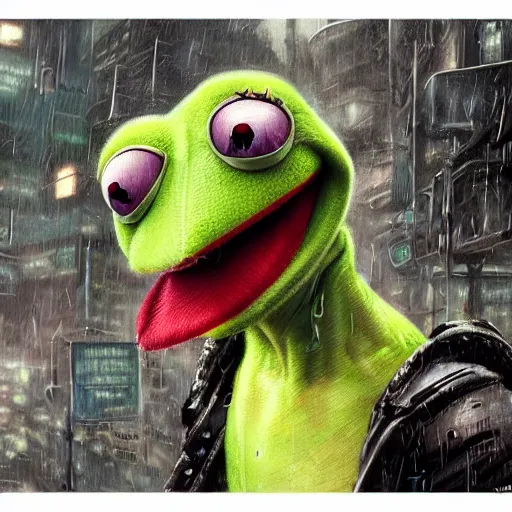 Prompt: highly detailed close up portrait of kermit the frog ((kermit the frog)) in the rainy streets of a cyberpunk dystopia, by Artgerm,Greg Rutkowski,Alphonse Mucha, 4k resolution, nier:automata inspired, bravely default inspired ((dystopian cyberpunk background))