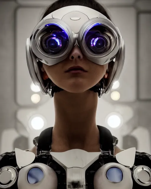 Image similar to centered portrait of soulful young sabrina salerno as a solarpunk mecha humanoid robotic parts wearing crystal goggles with bright led lights, real human face, pudica gesture bouguereau style, in white room, ultra - realistic and intricate, soft portrait shot 8 k