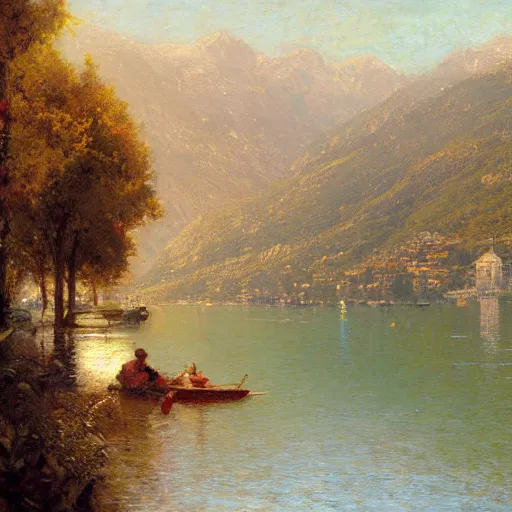 Image similar to detailed cinematic wide shot of lake como, ultra realistic, spring light, painting by gaston bussiere, craig mullins, j. c. leyendecker