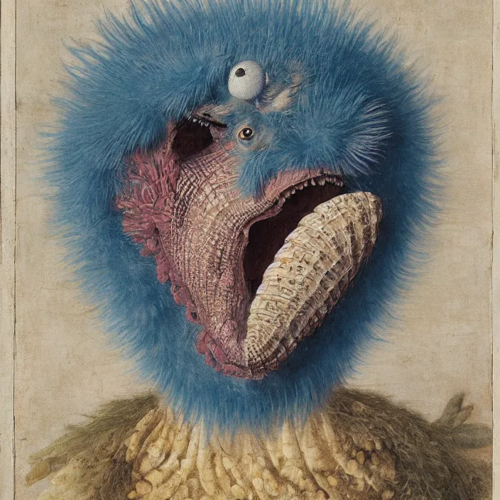 Image similar to close up portrait of a mutant monster creature with white fluffy moth pouf, exotic lily ears, delicate blue sea shell conch corns, snout. by jan van eyck, walton ford