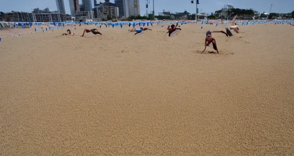 Prompt: olympic swimming in sand. instead of water there is sand, extremely coherent