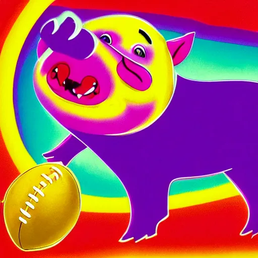 Prompt: lisa frank dashing pig wearing a simple gold throwing a football in the style of peter max