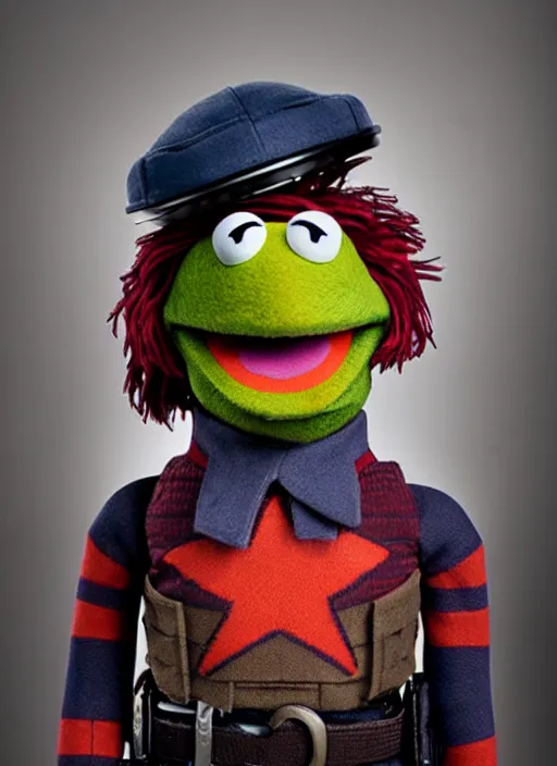 Image similar to studio portrait still of muppet!!!!! bucky barnes the winter soldier!!!!!! as a muppet muppet as a muppet, 8 k, studio lighting, key light,