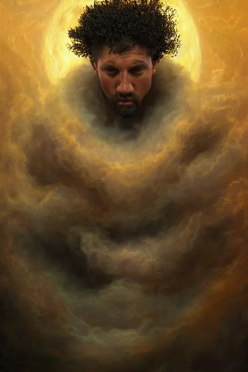 Image similar to Intricate stunning highly detailed portrait of a rugby player by agostino arrivabene and Vladimir Kush, surreal, digital painting, ultra realistic, Horror vacui, dramatic lighting, full moon, thick black swirling smoke tornado, burning fire embers, artstation