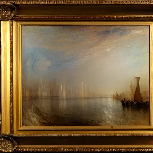 Image similar to high quality oil painting by j. m. w. turner, hudson river with manhattan skyline