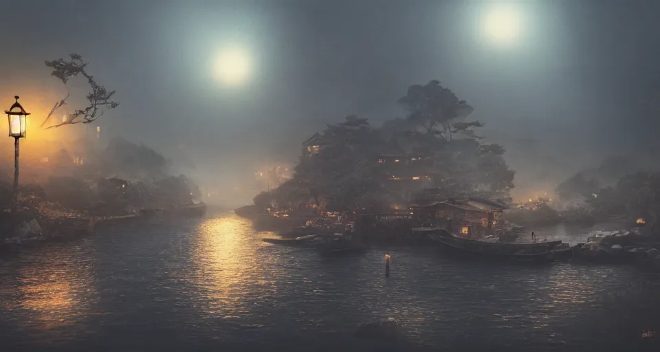 Prompt: An old Japanese fishing village at night, evil, demonic, enchanting, misty, haze, cloudy, angelic, flowers, nature, environment concept, cinematic, cgsociety, dim and dark lighting, cinematic, intricate details, 8k detail post processing, hyperealistic, photo realism, by Stephen King