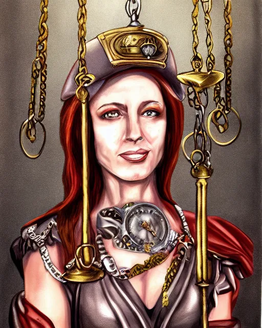 Image similar to lady justice steampunk style, portrait painting