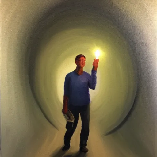 Image similar to a man holding a light at the end of a tunnel, oil painting