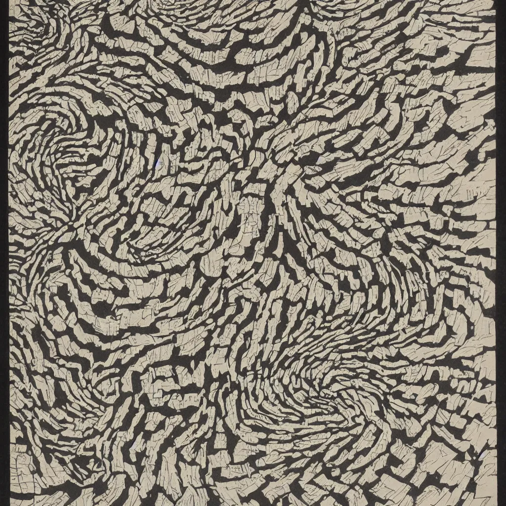 Prompt: optical illusion woodblock print