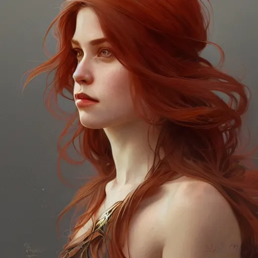 Image similar to A full portrait of Nordic female, 30 years old, brown red long hair, intricate, elegant, highly detailed, digital painting, artstation, concept art, smooth, sharp focus, illustration, art by Krenz Cushart and Artem Demura and alphonse mucha