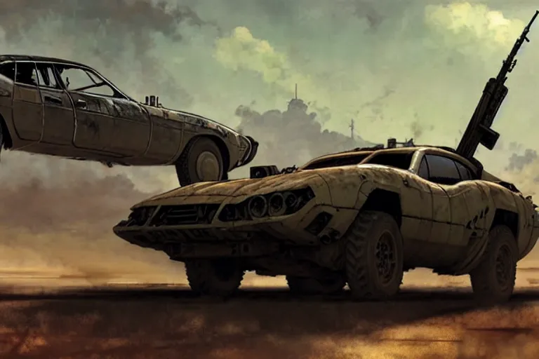 Prompt: dieselpunk mad max avanti with guns installed, painted by greg rutkowski makoto shinkai takashi takeuchi studio ghibli, akihiko yoshida