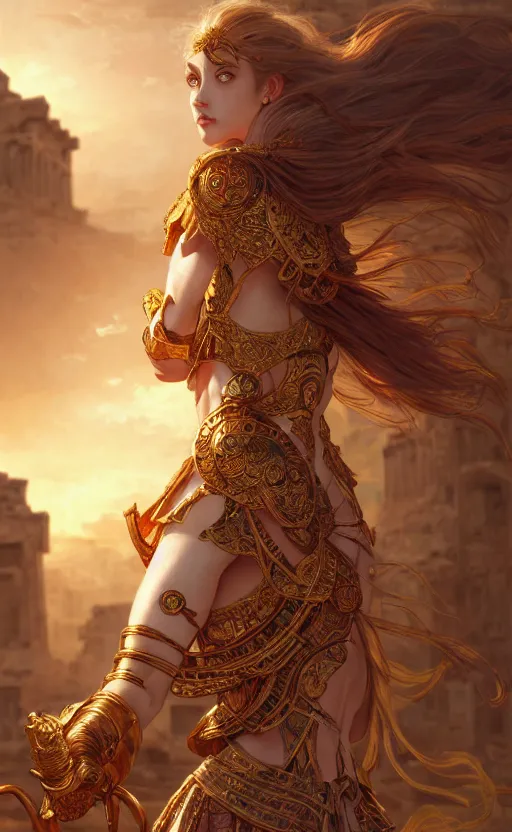 Image similar to portrait knights of zodiac girl, golden and copper shining armor, karate pose, in ruined agora of athens sunrise, ssci - fi and fantasy, intricate and very very beautiful and elegant, highly detailed, digital painting, artstation, concept art, smooth and sharp focus, illustration, art by tian zi and wlop and alphonse mucha