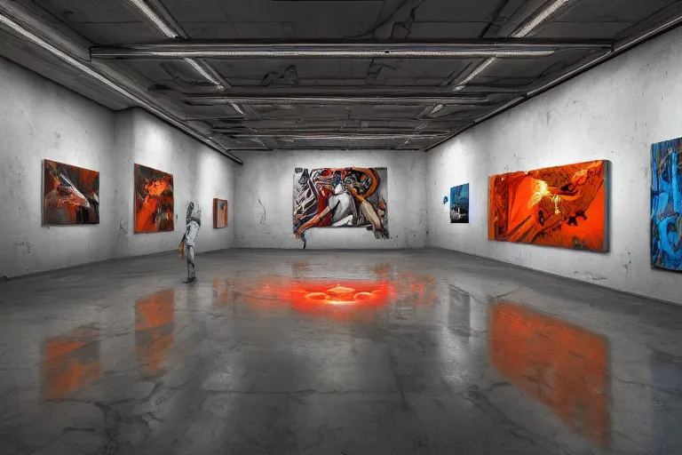 Prompt: interior futuristic art gallery wide angle highly detailed by ricardo boffil, wall hanging paintings of grafitti art by saturno butto and wlod, running orange jumpsuit, captivating 8 k hdr, octane render godrays