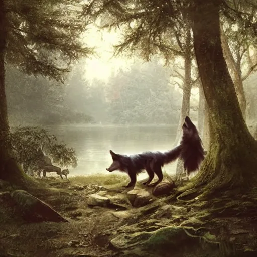 Image similar to an anthropomorphic wolf in a forest by the river, playing lute, by stanley lau and greg rutkowski