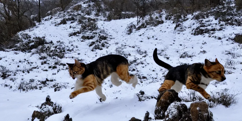 Image similar to a dog is chasing a cat in the top of a snow mountain