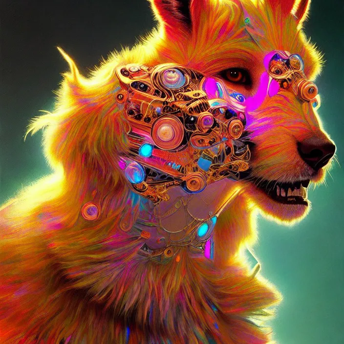 Prompt: bright psychedelic fluffy hairy animal cyborg, diffuse lighting, fantasy, intricate, elegant, highly detailed, lifelike, photorealistic, digital painting, artstation, illustration, concept art, smooth, sharp focus, art by John Collier and Albert Aublet and Krenz Cushart and Artem Demura and Alphonse Mucha