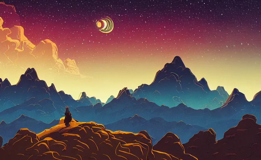 Prompt: mountains, stars and paisley filled sky, artstation, intricate, highly detailed, digital painting, concept art, sharp focus, illustration by Michael Whelan and Tom Whalen