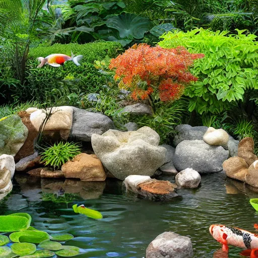 Image similar to popcorn boulders in a jungle landscape, gum drop koi pond