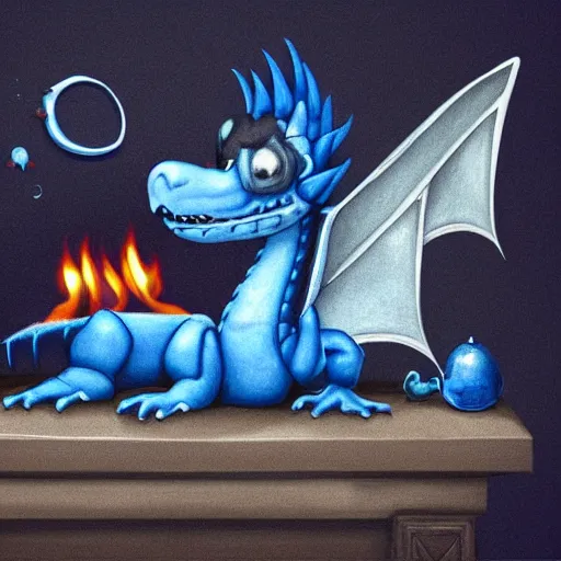 Image similar to A cute little blue dragon, curled up on a dark blue pillow in front of a fireplace in an English manion, illustration, very detailed, digital art, hyperrealistic, ambient occlusion, warm glow, soft shadows, depth of field, reflective scales, trending on artstation, cute