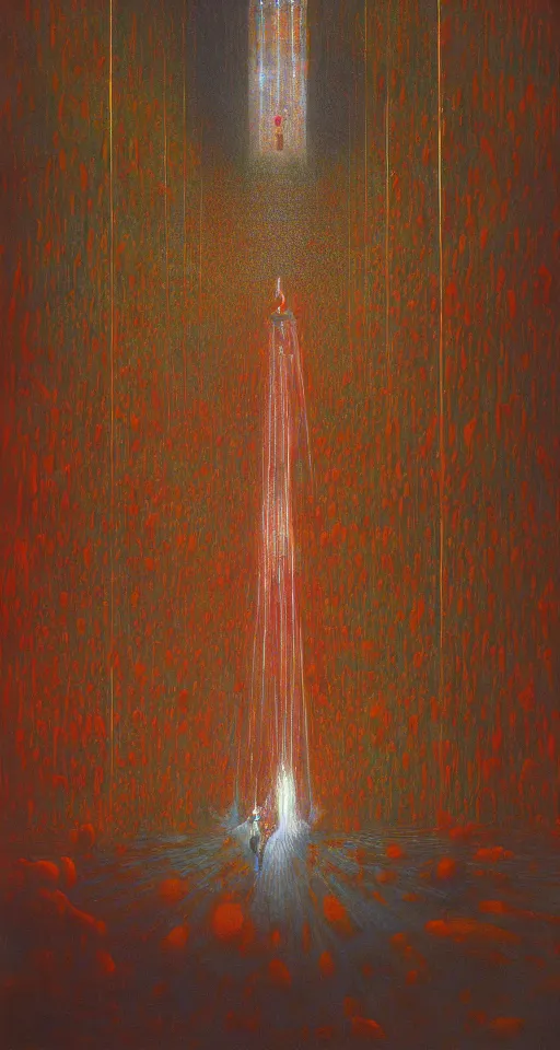 Prompt: worshippers in red robes holding a very complex gigantic reflective glowing glass crystal tesseract orb violently illuminating a small glass room with glass windows, very bright white light, small room, glass room, glass, enlightening, high detailed beksinski painting, part by adrian ghenie and gerhard richter. masterpiece, deep colours, bright white