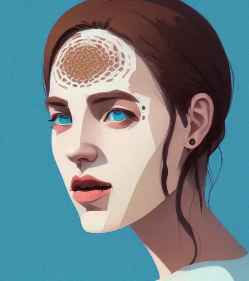 Image similar to portrait of a woman raised on the island face tatooes by atey ghailan, dynamic lighting, gradient light blue, brown, blonde cream and white color scheme, grunge aesthetic