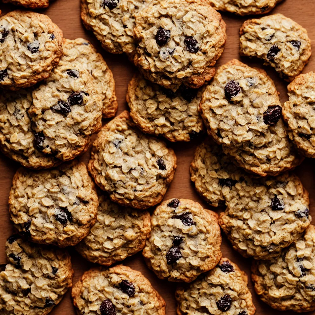 Prompt: close - up view of singular brown oatmeal raisin cookies on top of a wooden table, 8 k, high detail, photorealistic, proper shading