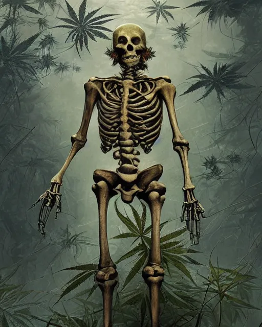 Prompt: skeleton made of weed leaves, clear sky, scifi character portrait by greg rutkowski esuthio craig mullins